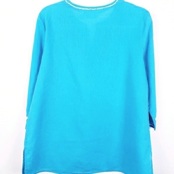 CHICO'S Turquoise Linen Cotton V-Neck White Beaded Tunic Top Size‎ 1 - Picture 2 of 6